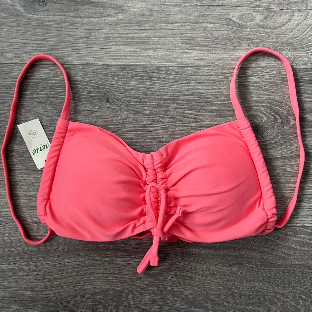AERIE Ruched Bandeau Bikini Top Size Small Coral Pink Tropical Swimwear Colorful